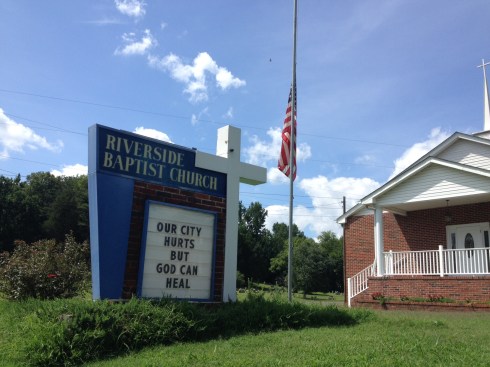 The sign in front of Riverside Baptist, where Anthony Baker is pastor.
